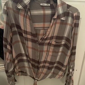 Brown and pink plaid top with knot in the middle
